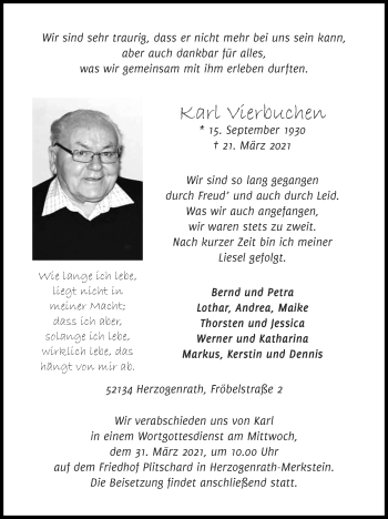 Traueranzeige von Karl Vierbuchen von Zeitung am Sonntag