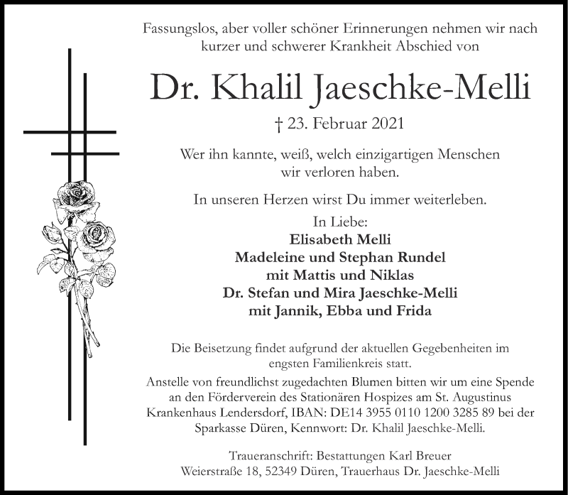  Traueranzeige für Khalil Jaeschke-Melli vom 06.03.2021 aus Aachener Zeitung / Aachener Nachrichten