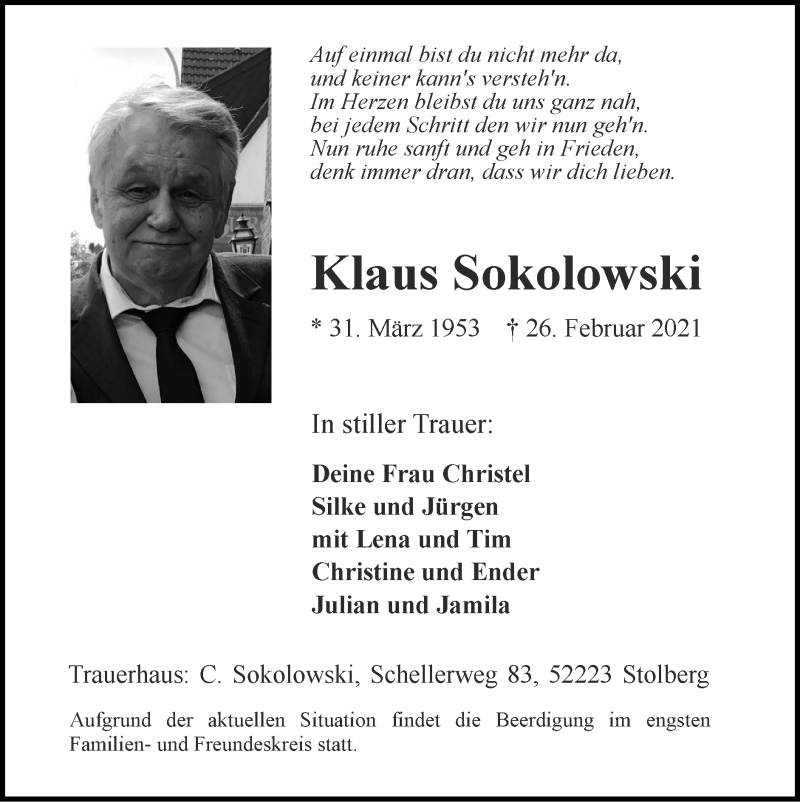  Traueranzeige für Klaus Sokolowski vom 07.03.2021 aus Zeitung am Sonntag