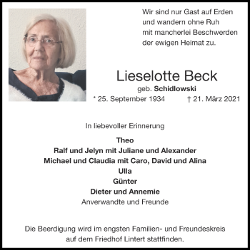 Traueranzeige von Lieselotte Beck von Zeitung am Sonntag