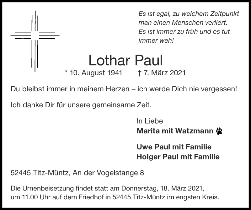  Traueranzeige für Lothar Paul vom 14.03.2021 aus Zeitung am Sonntag