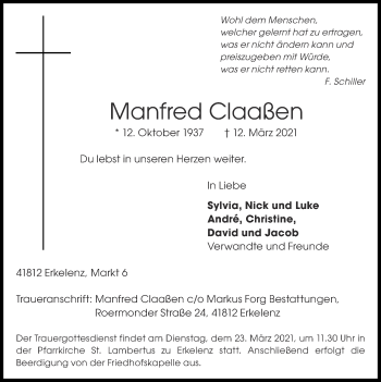 Traueranzeige von Manfred Claaßen von Zeitung am Sonntag