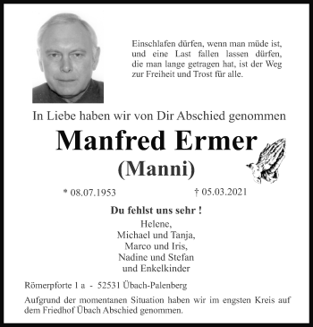 Traueranzeige von Manfred Ermer von Zeitung am Sonntag