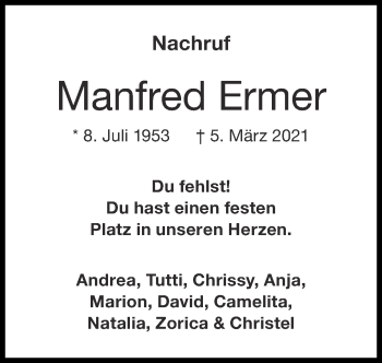 Traueranzeige von Manfred Ermer von Zeitung am Sonntag