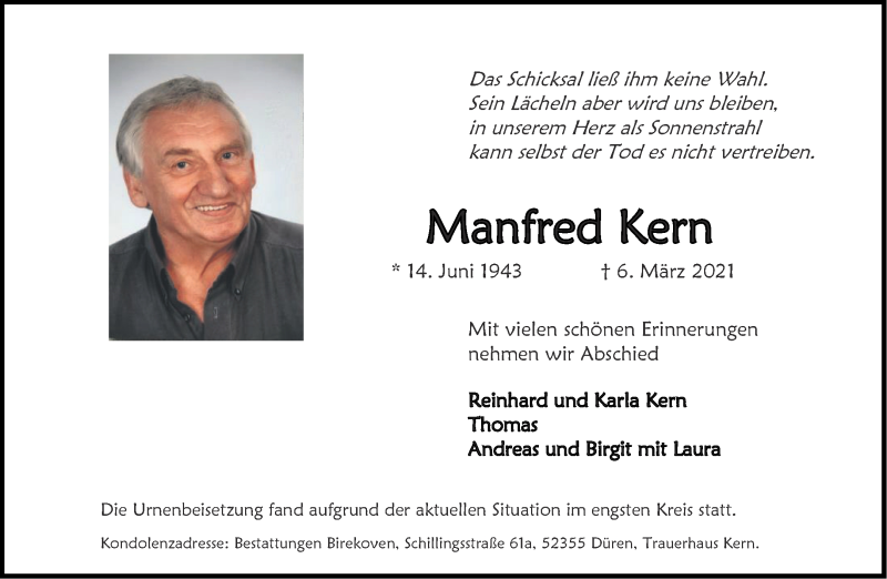  Traueranzeige für Manfred Kern vom 27.03.2021 aus Aachener Zeitung / Aachener Nachrichten