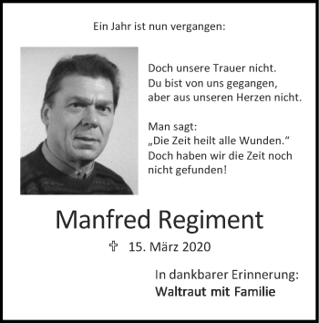 Traueranzeige von Manfred Regiment von Zeitung am Sonntag