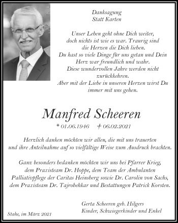 Traueranzeige von Manfred Scheeren von Zeitung am Sonntag