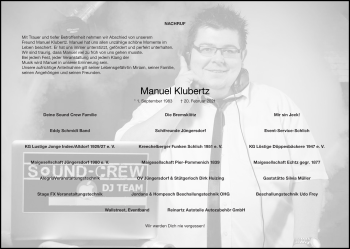 Traueranzeige von Manuel Klubertz von Zeitung am Sonntag