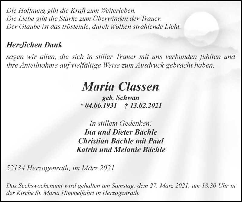  Traueranzeige für Maria Classen vom 14.03.2021 aus Zeitung am Sonntag