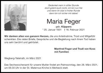 Traueranzeige von Maria Feger von Zeitung am Sonntag