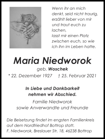 Traueranzeige von Maria Niedworok von Zeitung am Sonntag
