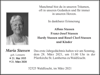 Traueranzeige von Maria Stassen von Zeitung am Sonntag