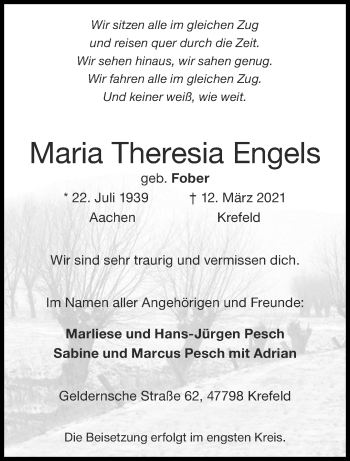 Traueranzeige von Maria Theresia Engels von Aachener Zeitung / Aachener Nachrichten
