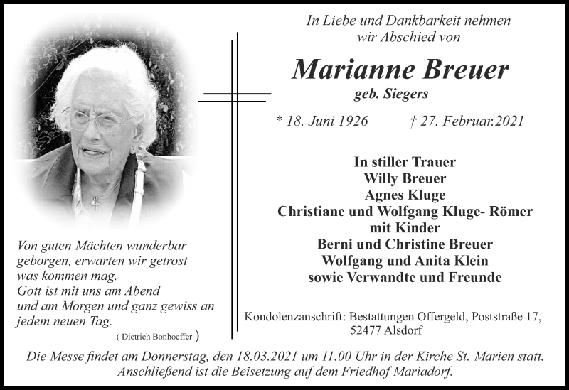 Traueranzeige für Marianne Breuer vom 14.03.2021 aus Zeitung am Sonntag