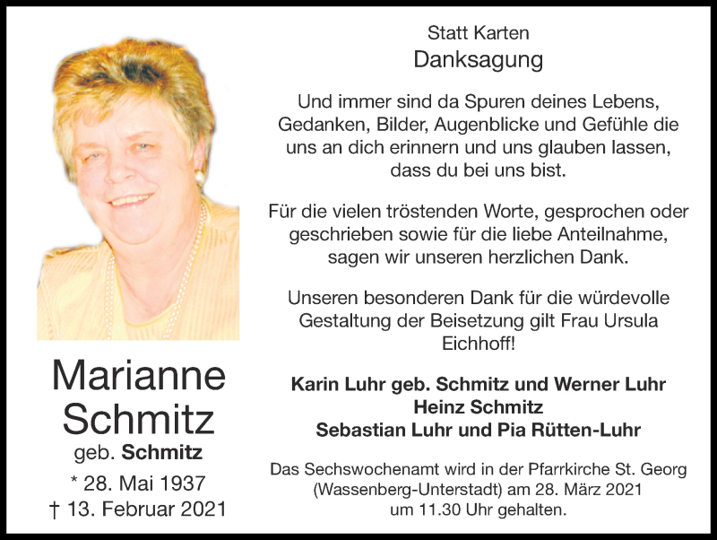  Traueranzeige für Marianne Schmitz vom 21.03.2021 aus Zeitung am Sonntag
