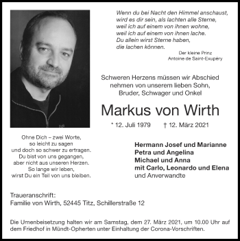 Traueranzeige von Markus von Wirth von Zeitung am Sonntag