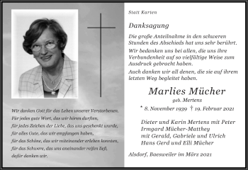Traueranzeige von Marlies Mücher von Zeitung am Sonntag
