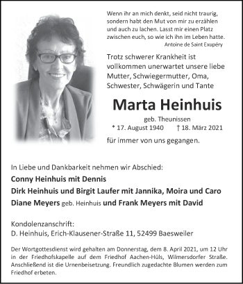 Traueranzeige von Marta Heinhuis von Zeitung am Sonntag