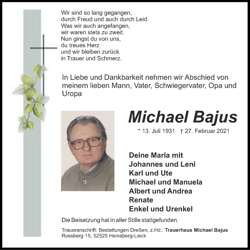  Traueranzeige für Michael Bajus vom 14.03.2021 aus Zeitung am Sonntag