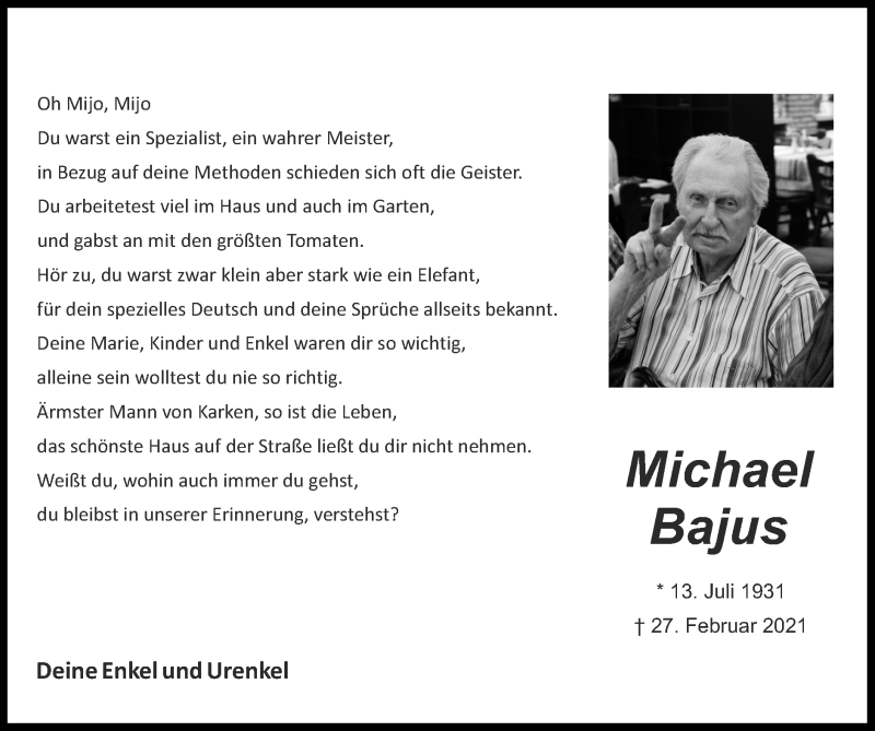  Traueranzeige für Michael Bajus vom 14.03.2021 aus Zeitung am Sonntag