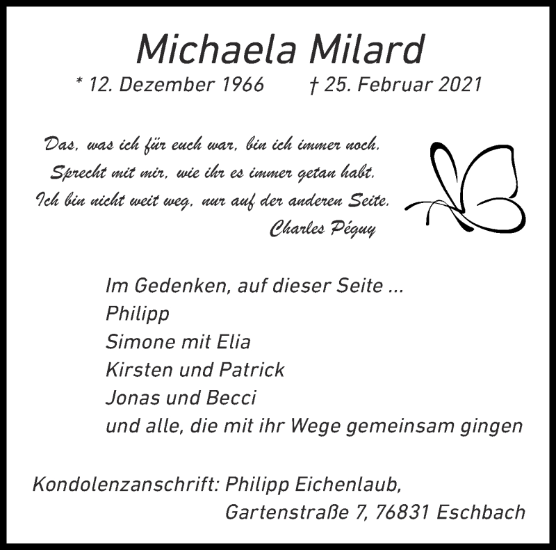  Traueranzeige für Michaela  Milard vom 06.03.2021 aus Aachener Zeitung / Aachener Nachrichten