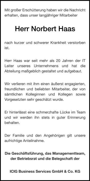Traueranzeige von Norbert Haas von Zeitung am Sonntag