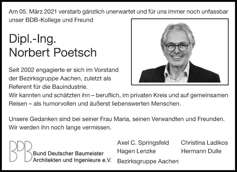  Traueranzeige für Norbert Poetsch vom 13.03.2021 aus Aachener Zeitung / Aachener Nachrichten