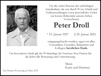 Traueranzeige von Peter Droll von Zeitung am Sonntag