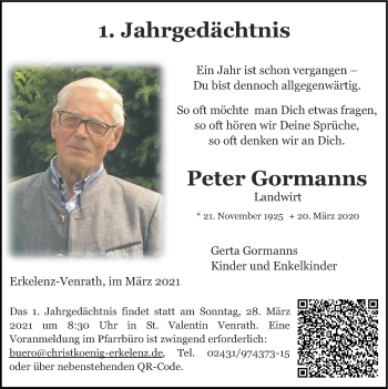 Traueranzeige von Peter Gormanns von Zeitung am Sonntag