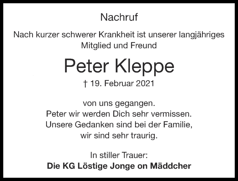  Traueranzeige für Peter Kleppe vom 07.03.2021 aus Zeitung am Sonntag