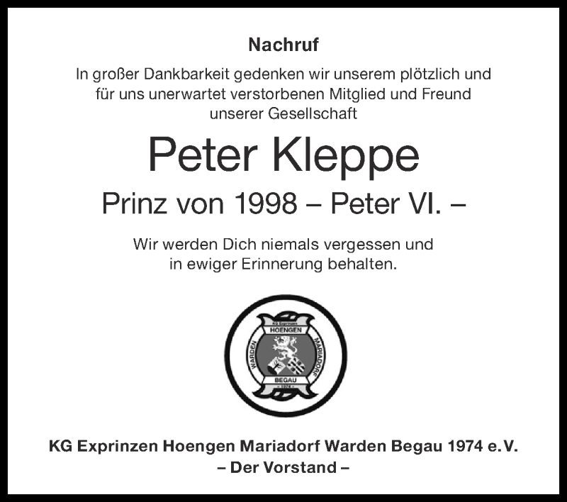  Traueranzeige für Peter Kleppe vom 07.03.2021 aus Zeitung am Sonntag