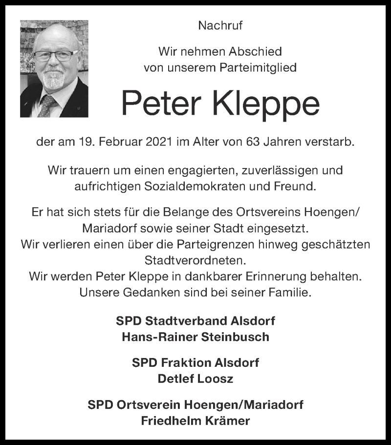  Traueranzeige für Peter Kleppe vom 07.03.2021 aus Zeitung am Sonntag