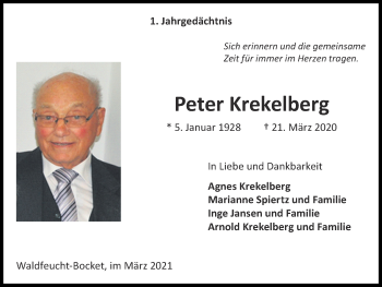 Traueranzeige von Peter Krekelberg von Zeitung am Sonntag