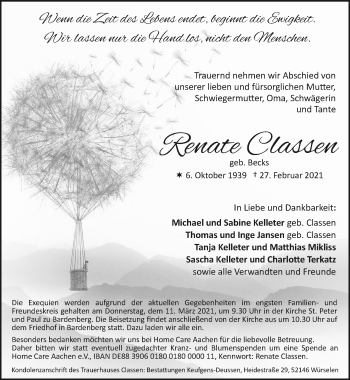 Traueranzeige von Renate Classen von Zeitung am Sonntag