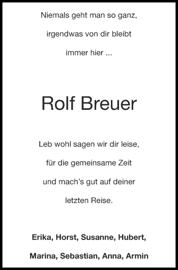 Traueranzeige von Rolf Breuer von Zeitung am Sonntag