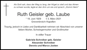 Traueranzeige von Ruth Geisler von Zeitung am Sonntag