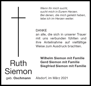 Traueranzeige von Ruth Siemon von Zeitung am Sonntag