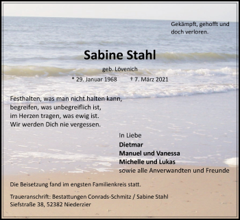 Traueranzeige von Sabine Stahl von Zeitung am Sonntag