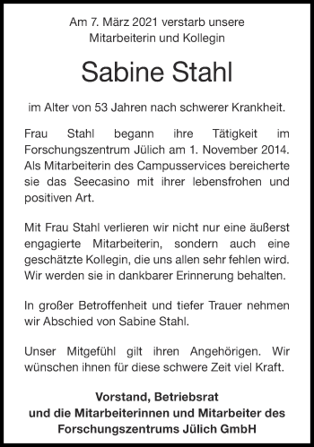Traueranzeige von Sabine Stahl von Aachener Zeitung / Aachener Nachrichten
