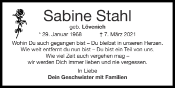 Traueranzeige von Sabine Stahl von Zeitung am Sonntag