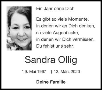 Traueranzeige von Sandra Ollig von Zeitung am Sonntag