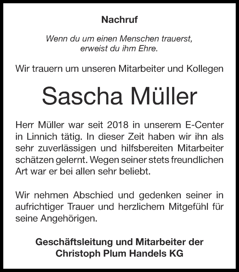  Traueranzeige für Sascha Müller  vom 28.03.2021 aus Zeitung am Sonntag