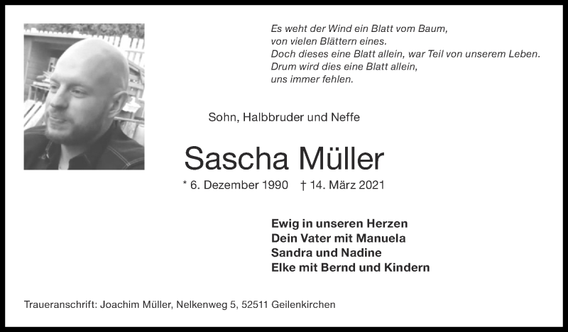  Traueranzeige für Sascha Müller vom 28.03.2021 aus Zeitung am Sonntag