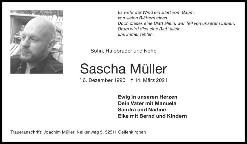  Traueranzeige für Sascha Müller  vom 28.03.2021 aus Zeitung am Sonntag