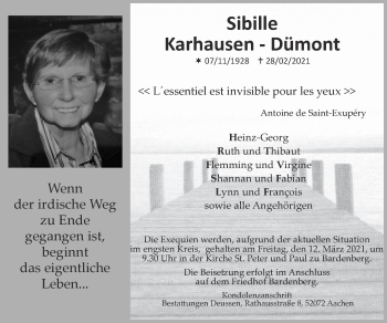 Traueranzeige von Sibille Karhausen-Dümont von Zeitung am Sonntag