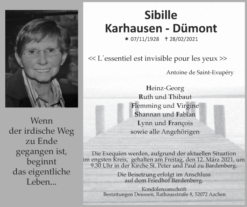  Traueranzeige für Sibille Karhausen-Dümont vom 14.03.2021 aus Zeitung am Sonntag