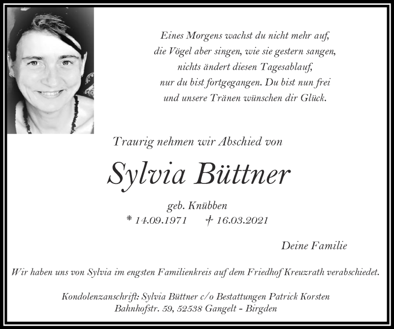  Traueranzeige für Sylvia Büttner vom 28.03.2021 aus Zeitung am Sonntag