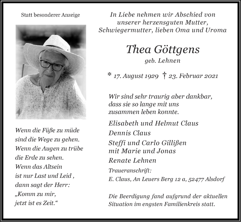  Traueranzeige für Thea Göttgens vom 14.03.2021 aus Zeitung am Sonntag