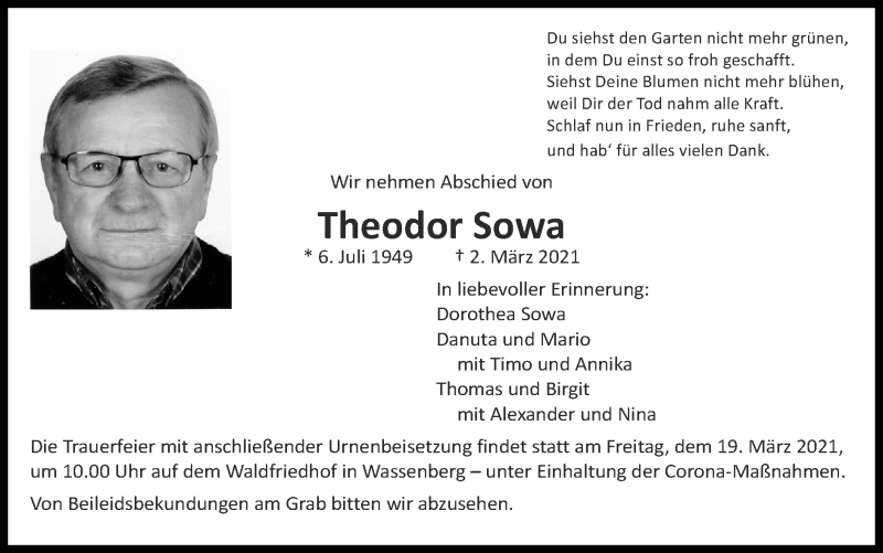  Traueranzeige für Theodor Sowa vom 14.03.2021 aus Zeitung am Sonntag