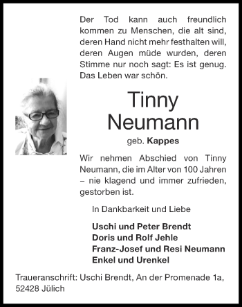 Traueranzeige von Tinny Neumann von Zeitung am Sonntag